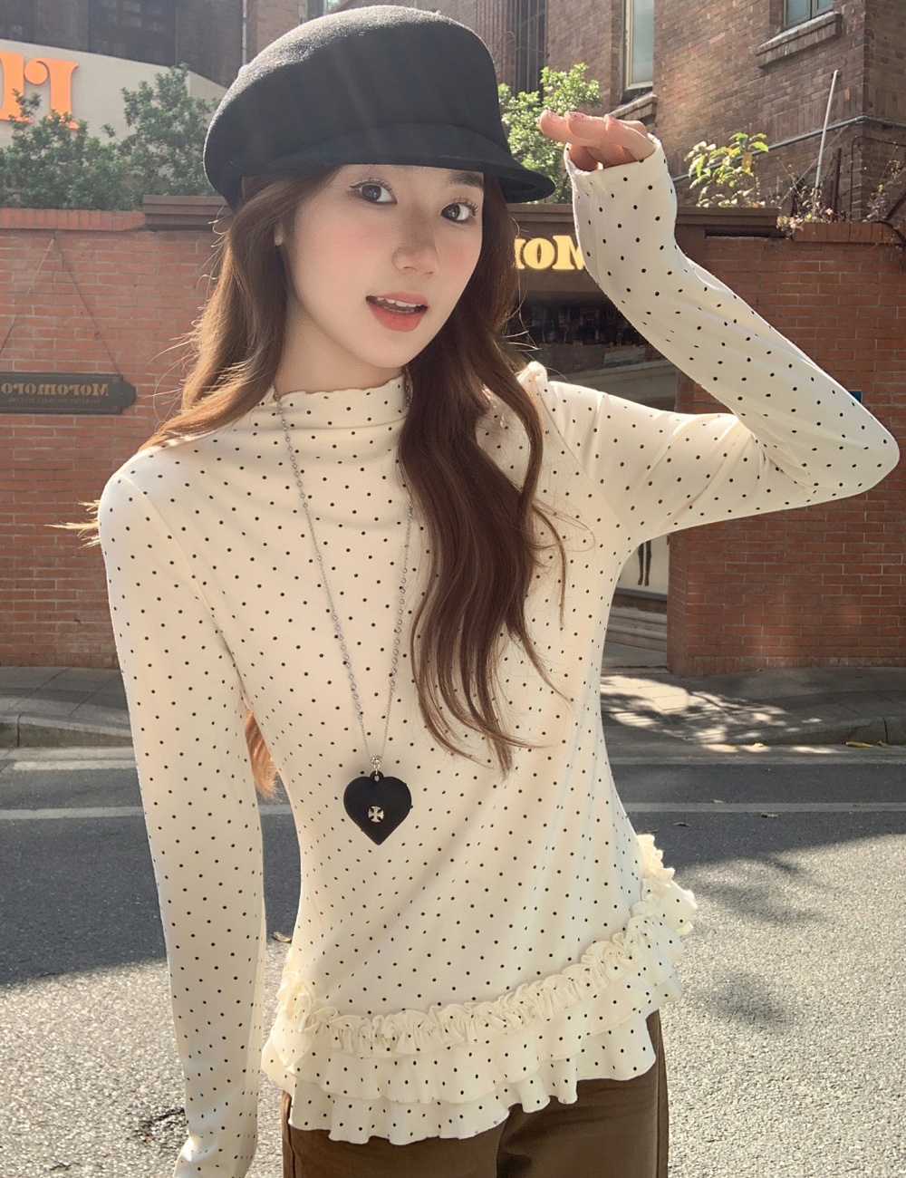 Spring long sleeve tops wood ear Korean style T-shirt