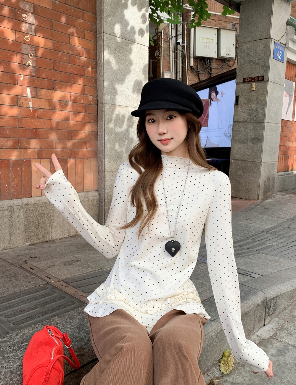 Spring long sleeve tops wood ear Korean style T-shirt