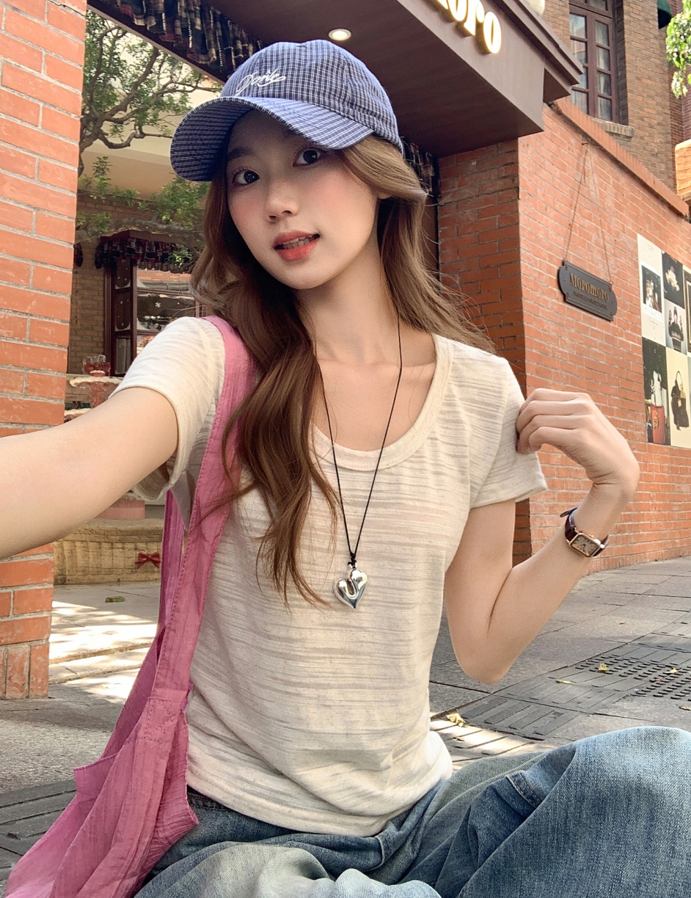 All-match unique tops niche U-neck T-shirt for women