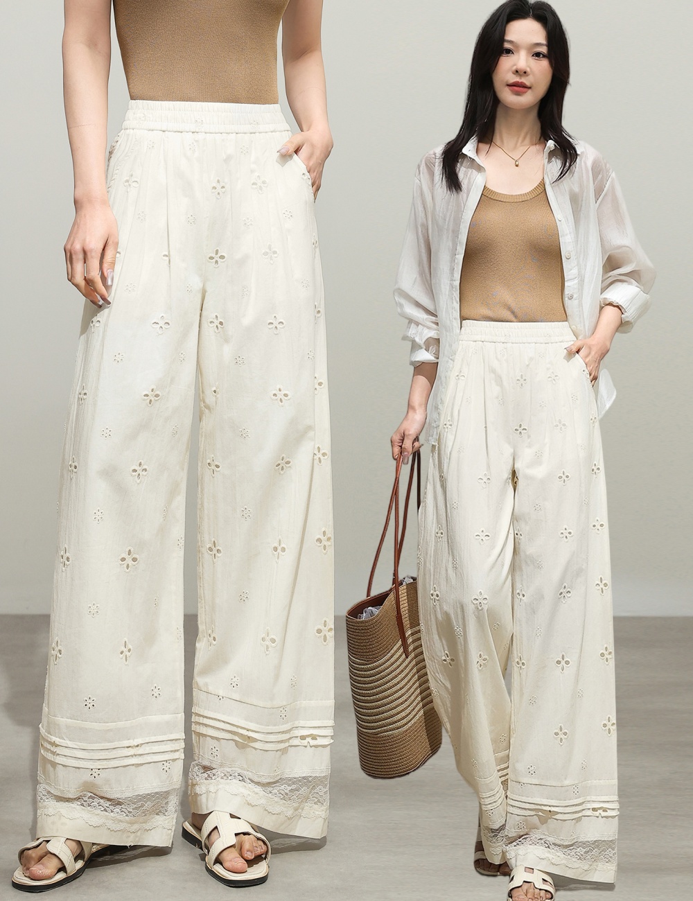 Spring hollow loose wide leg pants lace summer casual pants