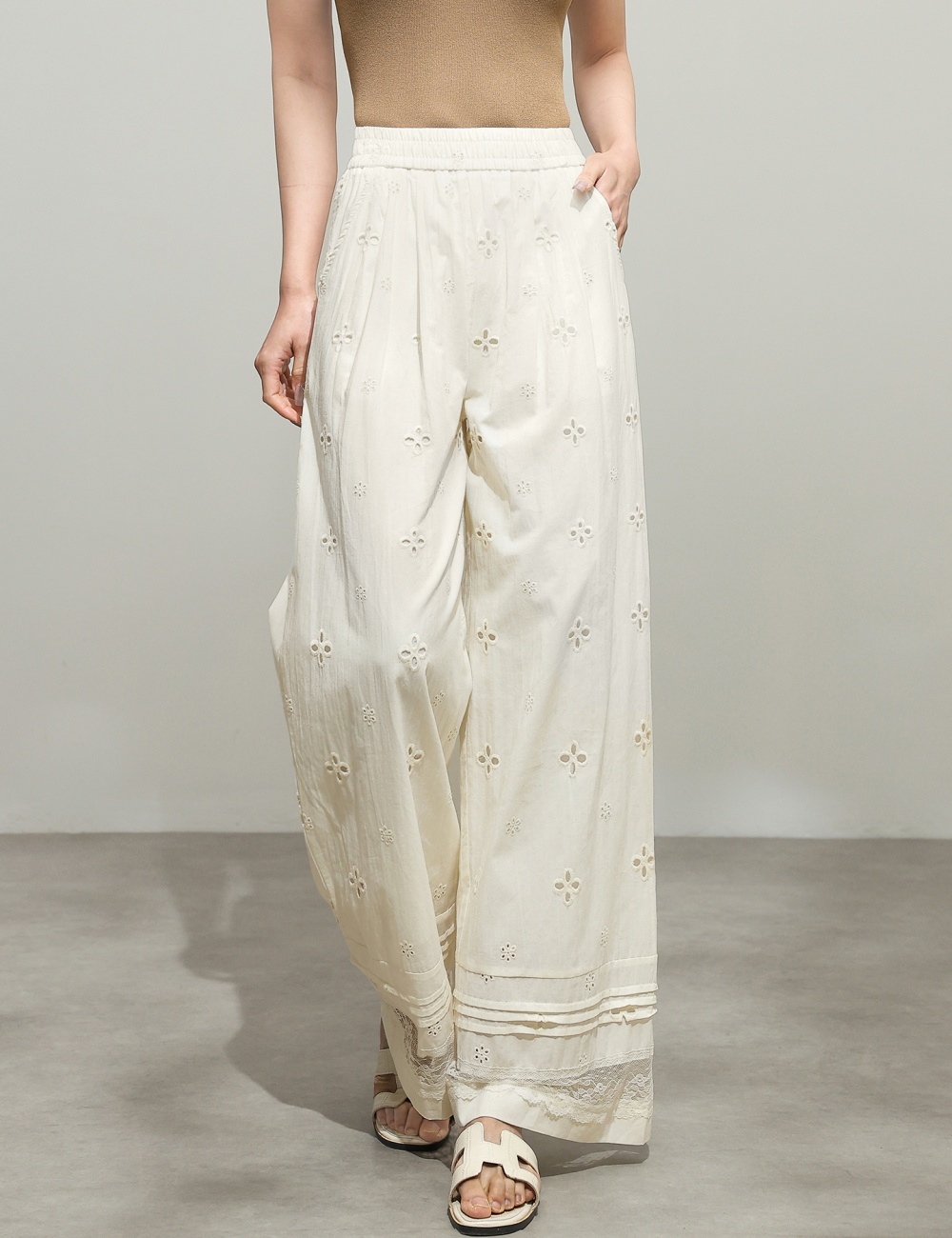 Spring hollow loose wide leg pants lace summer casual pants