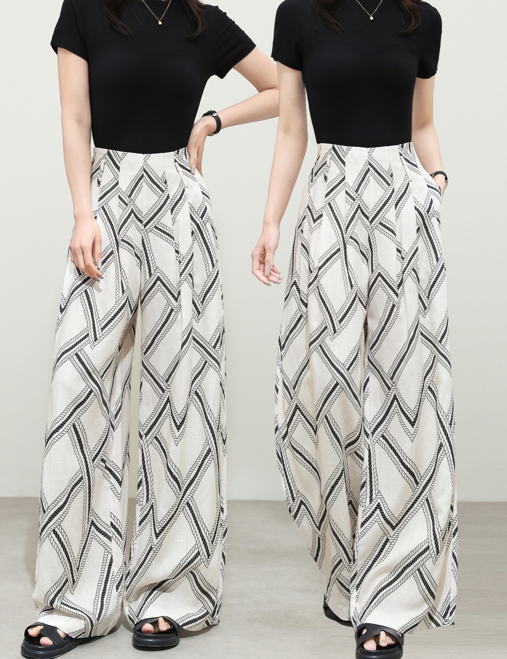 Vacation flax straight wide leg pants printing spring pants