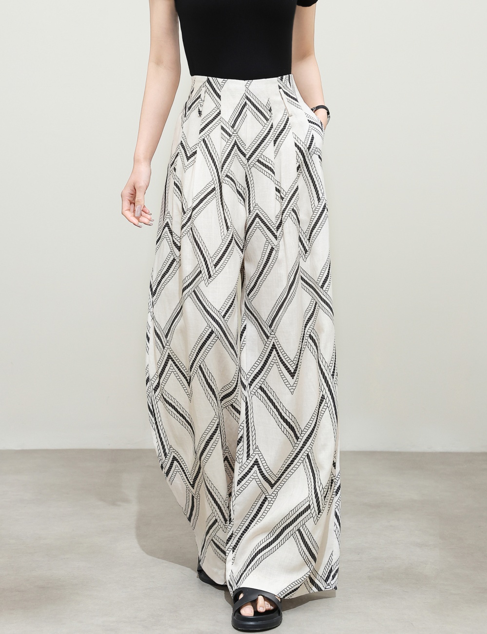 Vacation flax straight wide leg pants printing spring pants