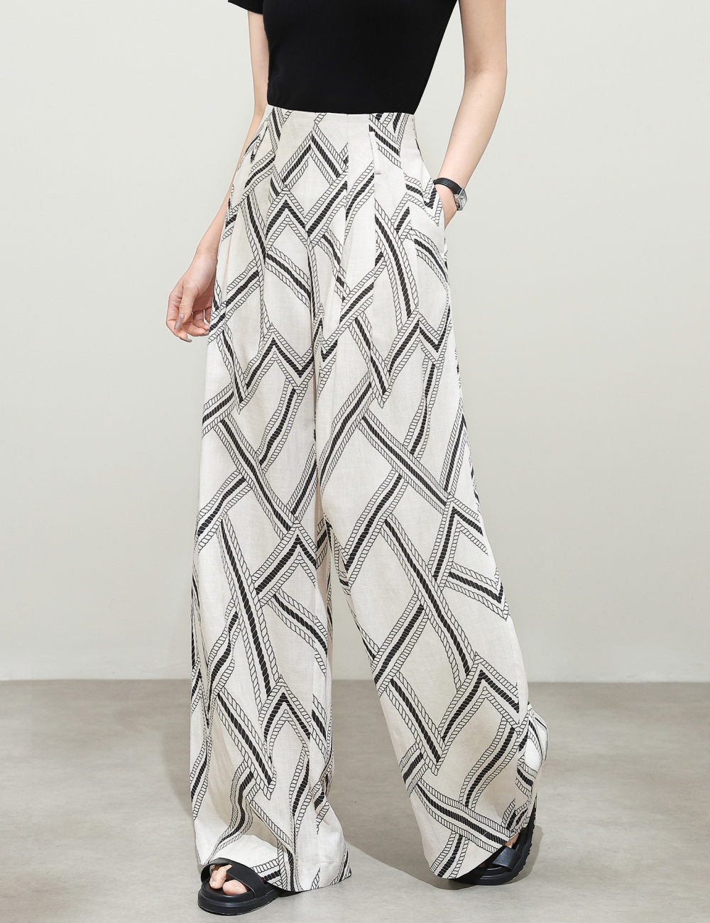 Vacation flax straight wide leg pants printing spring pants