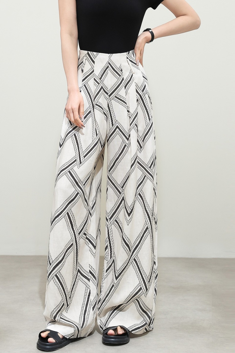 Vacation flax straight wide leg pants printing spring pants