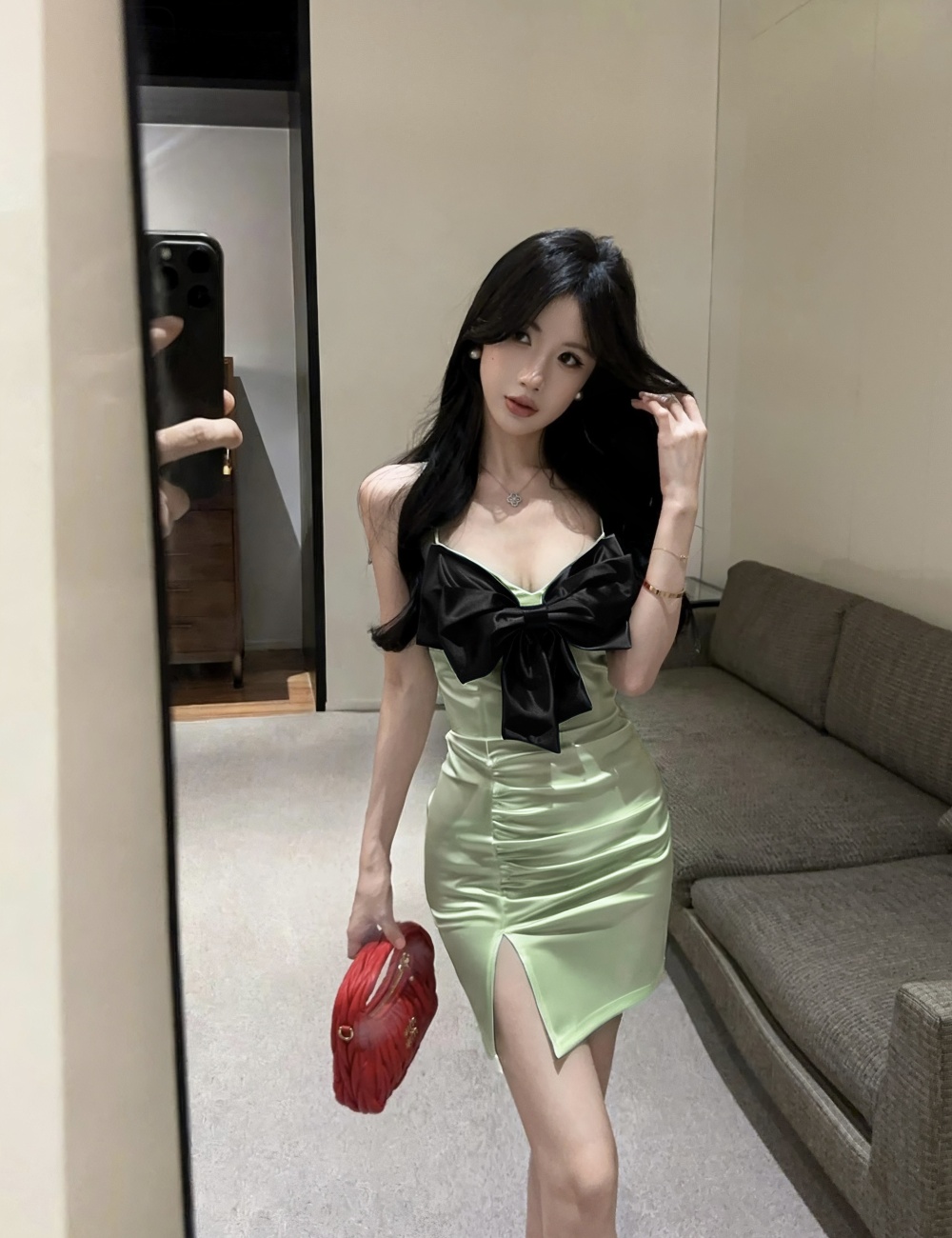 Sexy elasticity short bottoming satin dress