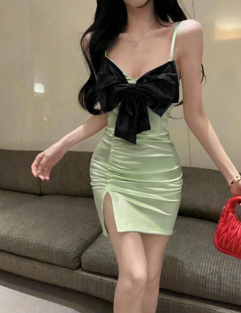 Sexy elasticity short bottoming satin dress
