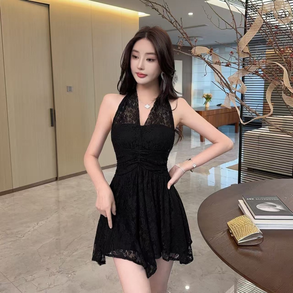 Enticement slim pinched waist halter lace dress