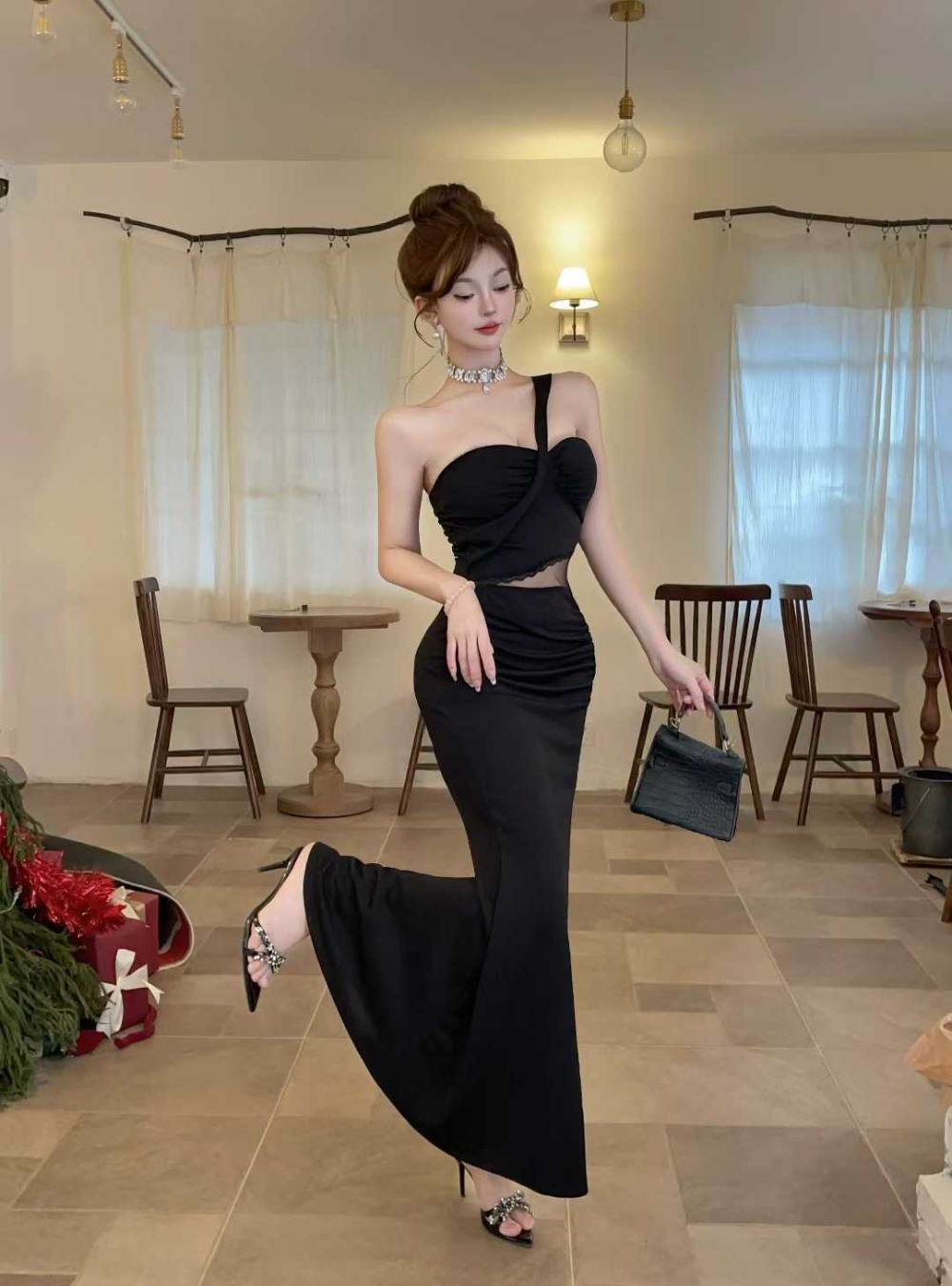 Shoulder sexy long high slit low-cut bottoming sling dress