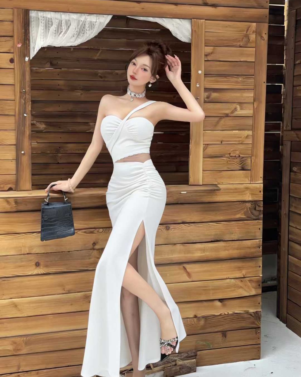 Shoulder sexy long high slit low-cut bottoming sling dress