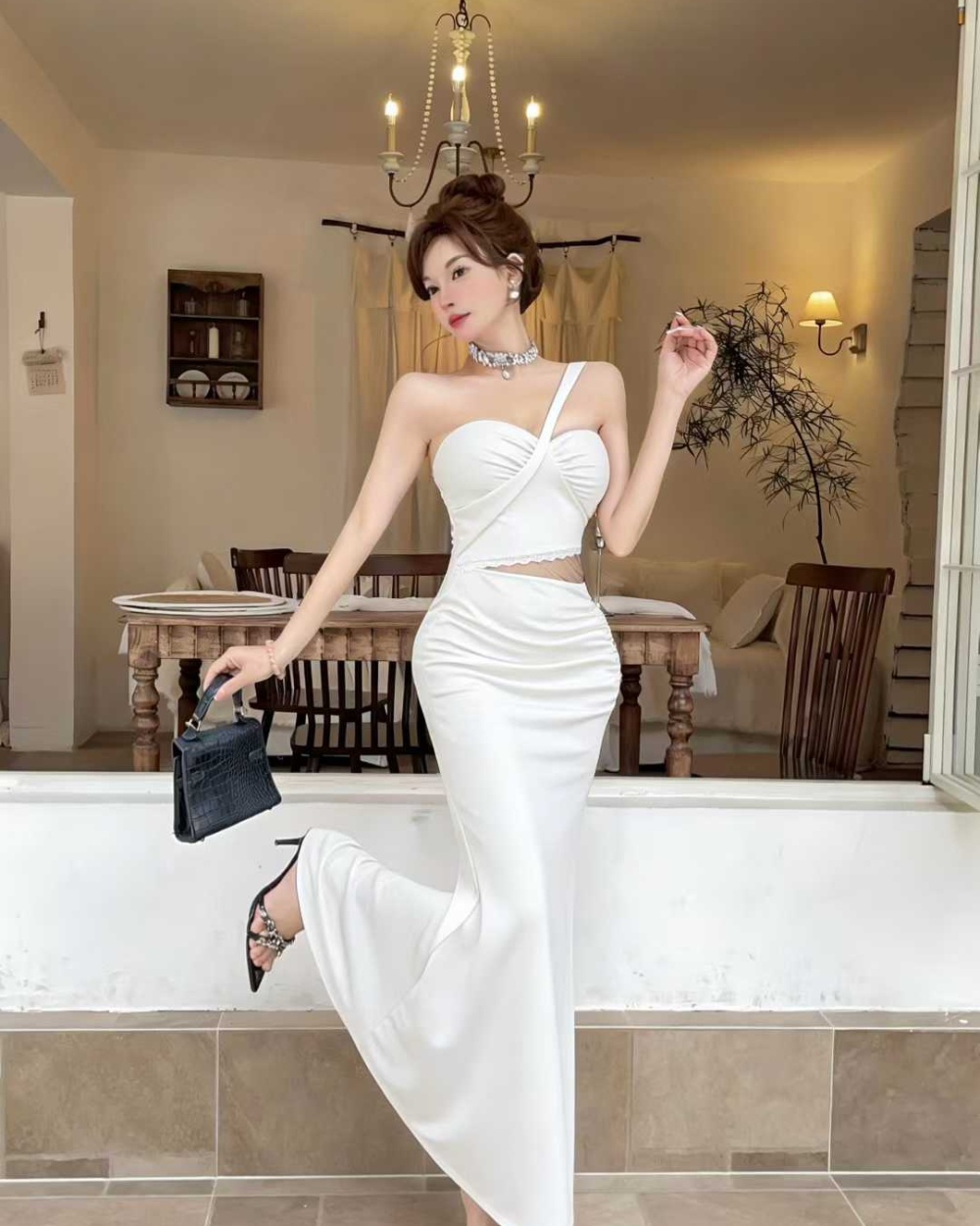 Shoulder sexy long high slit low-cut bottoming sling dress