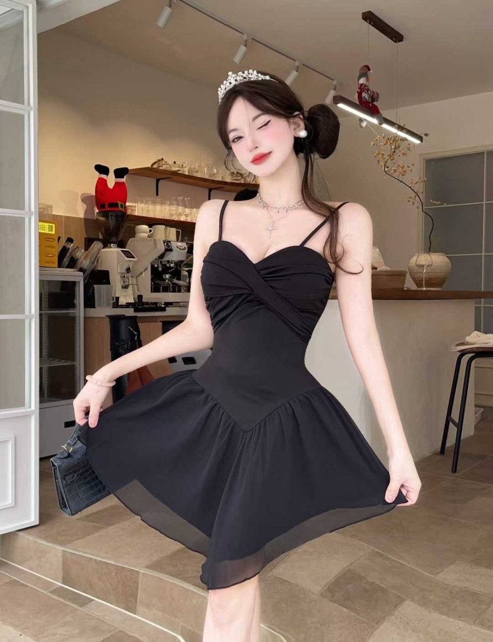 Lotus leaf edges sling package hip slim fold dress