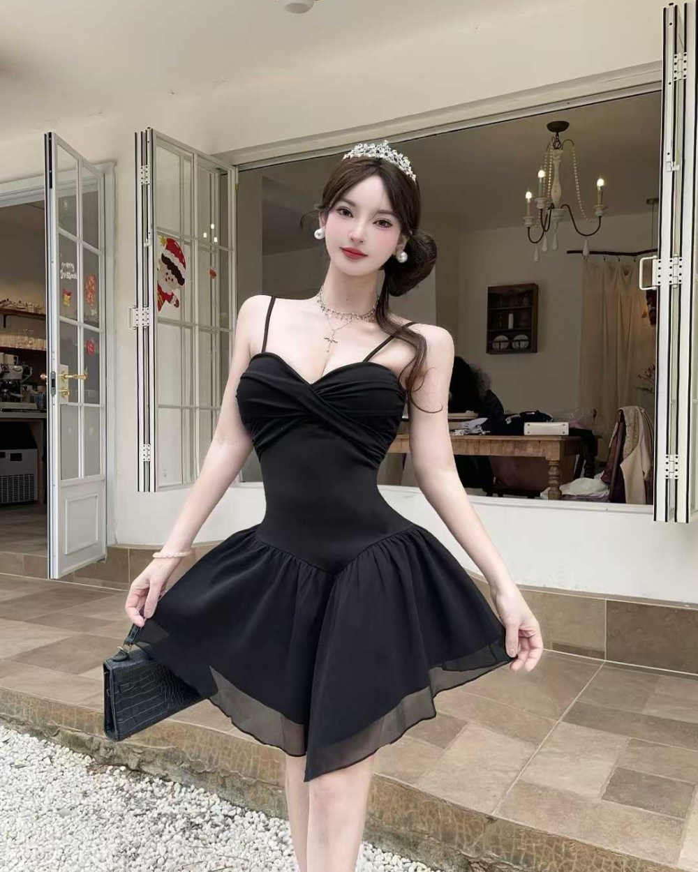 Lotus leaf edges sling package hip slim fold dress