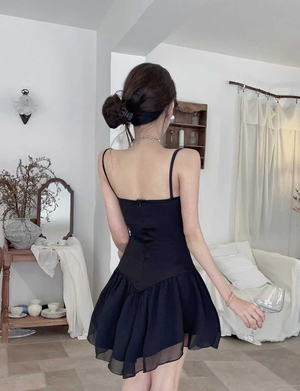 Lotus leaf edges sling package hip slim fold dress