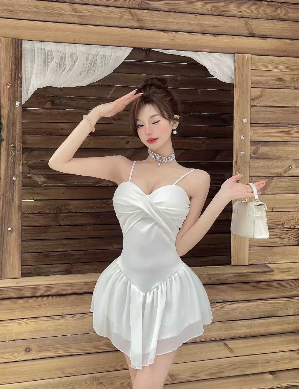 Lotus leaf edges sling package hip slim fold dress