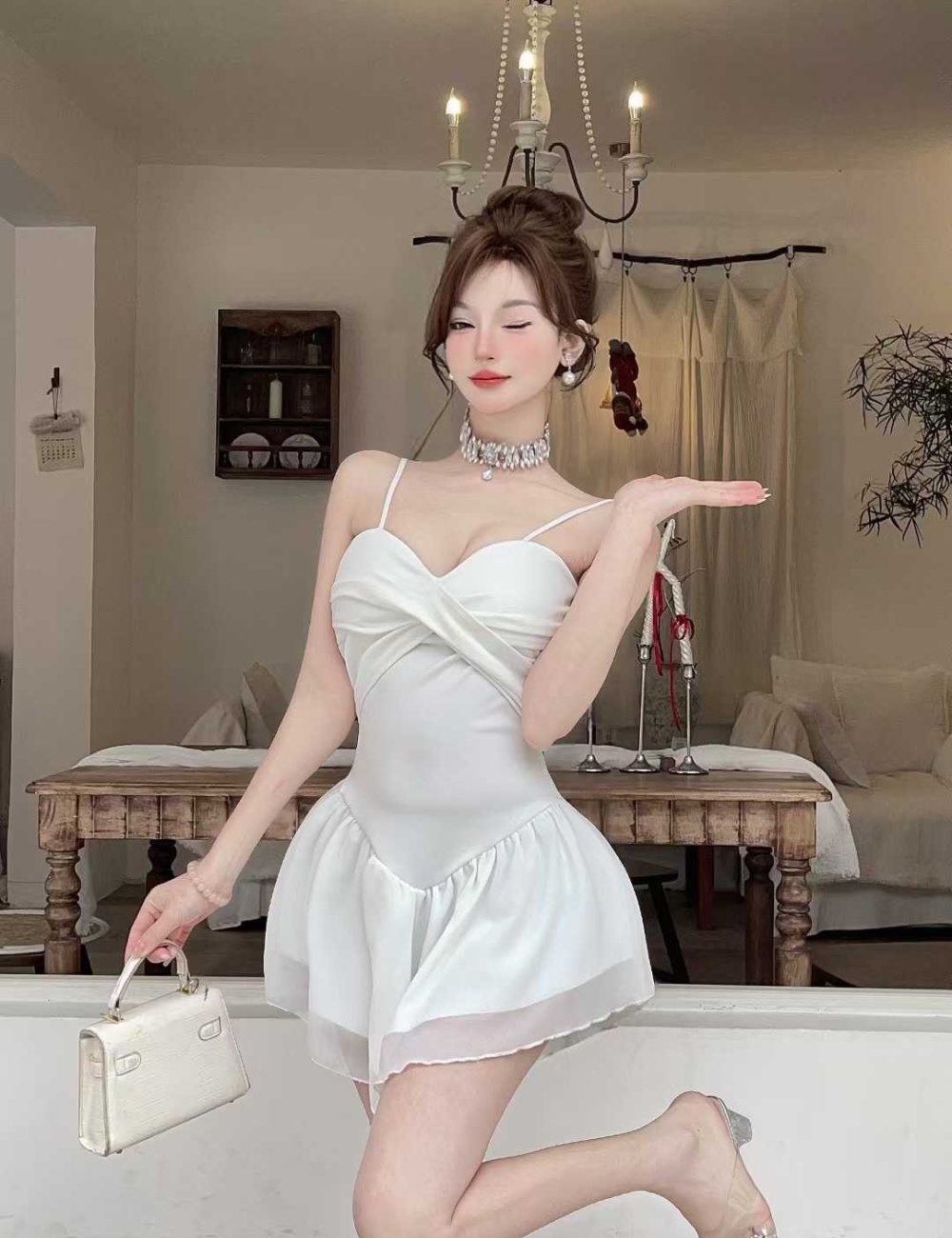 Lotus leaf edges sling package hip slim fold dress