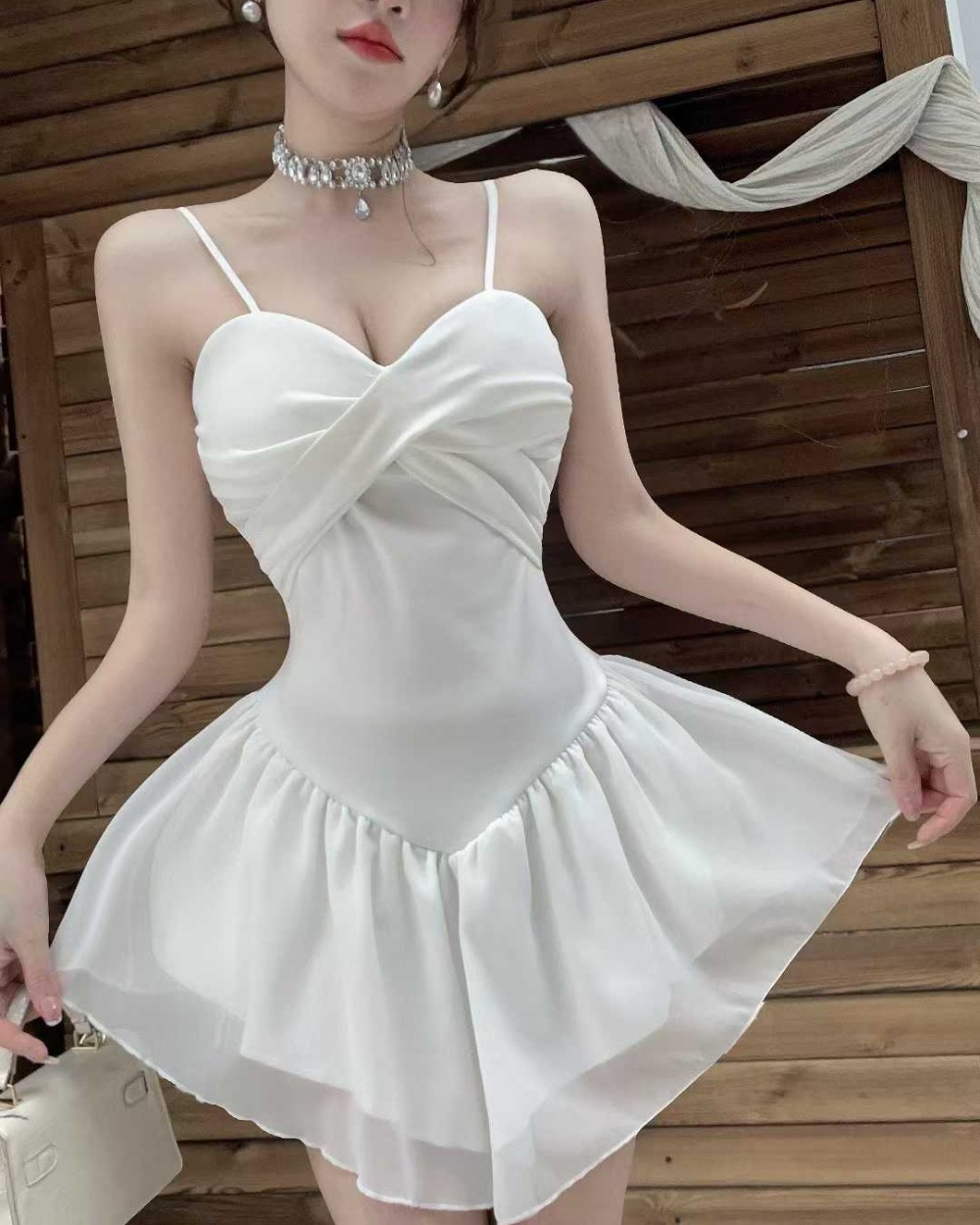 Lotus leaf edges sling package hip slim fold dress