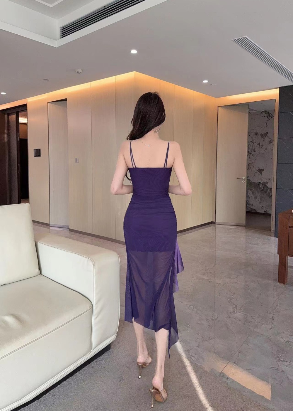 Slit low-cut sexy gauze sling pure long dress