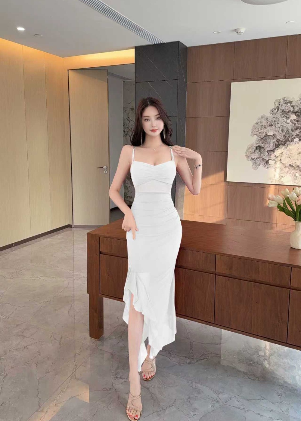 Slit low-cut sexy gauze sling pure long dress