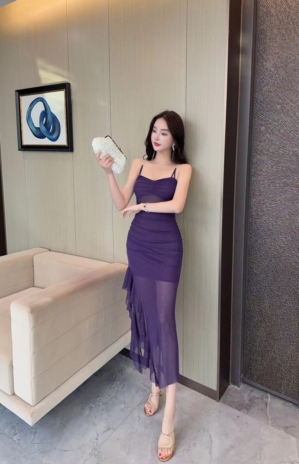 Slit low-cut sexy gauze sling pure long dress