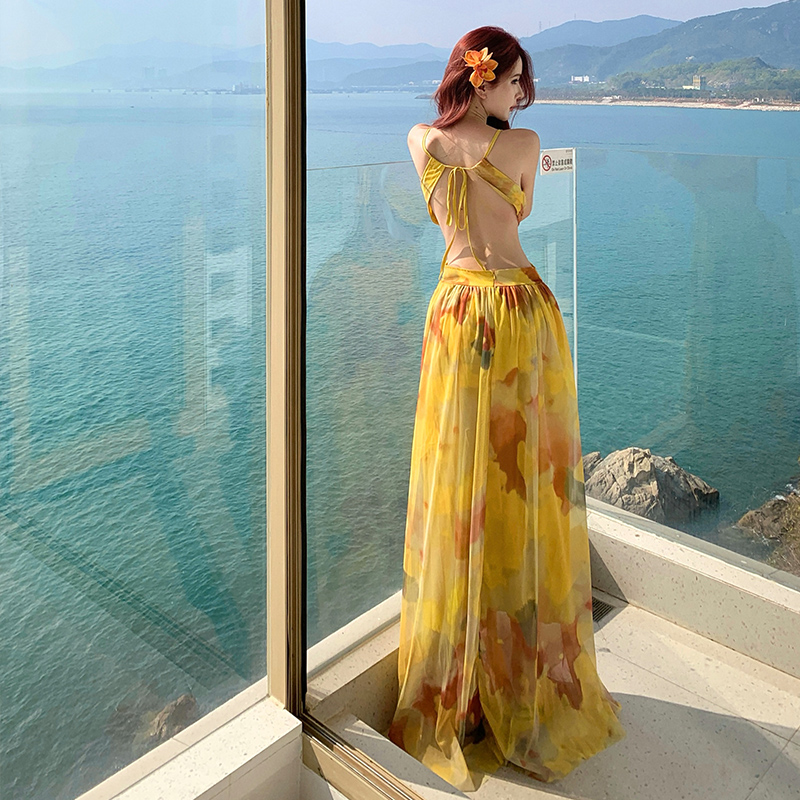 Island flair halter sling beach dress vacation blooming dress