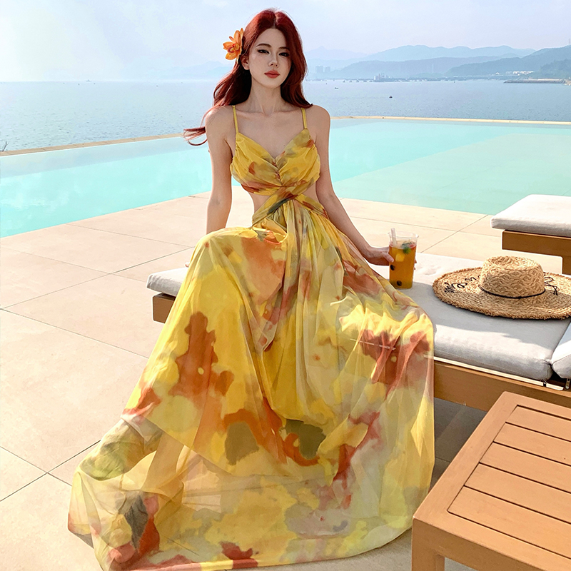 Island flair halter sling beach dress vacation blooming dress