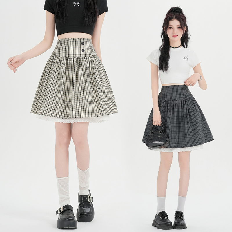 Splice plaid bud skirt high waist lace skirt for women