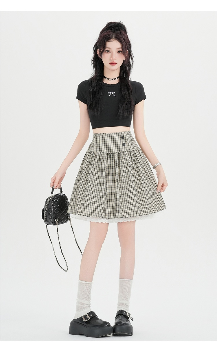 Splice plaid bud skirt high waist lace skirt for women