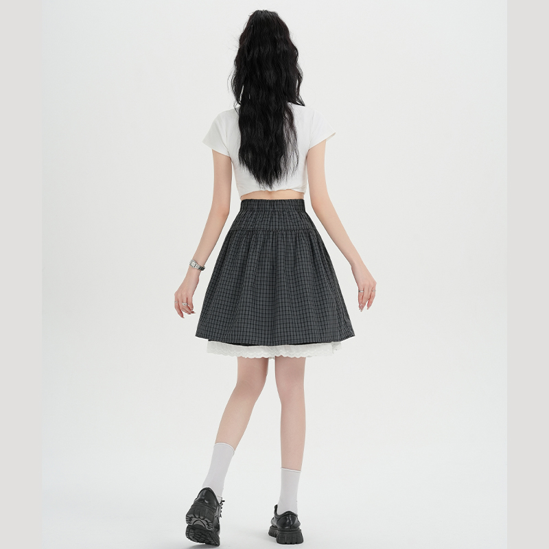 Splice plaid bud skirt high waist lace skirt for women