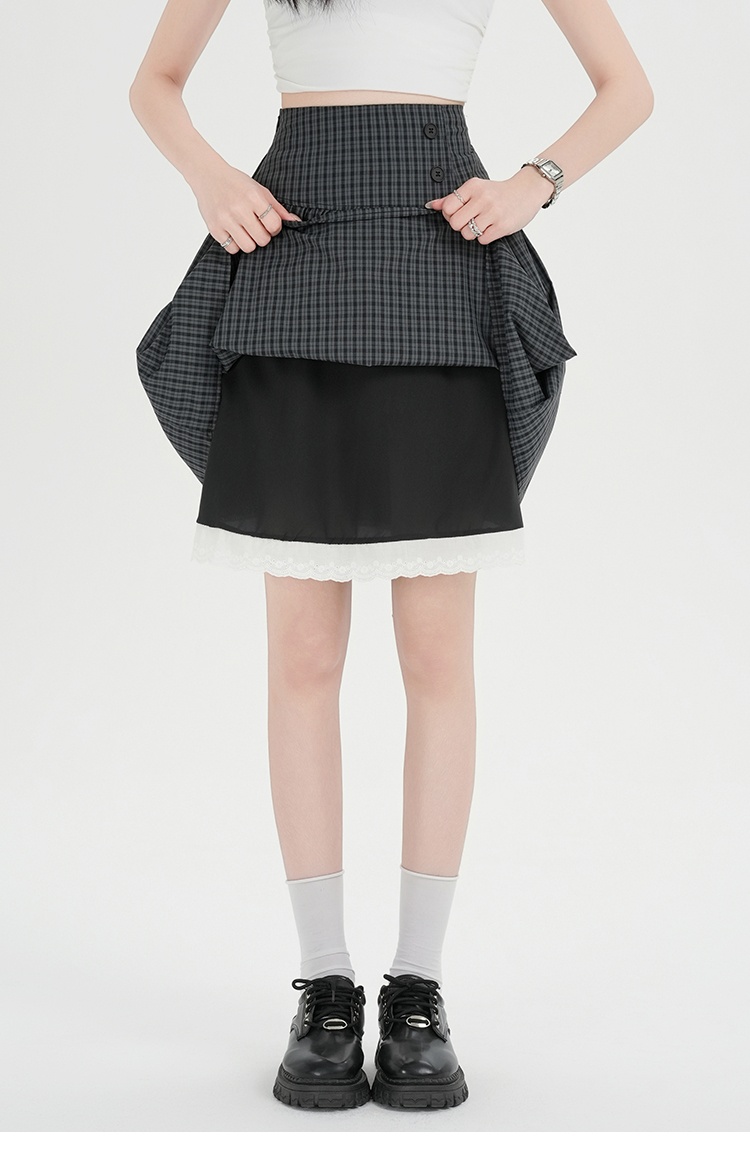 Splice plaid bud skirt high waist lace skirt for women