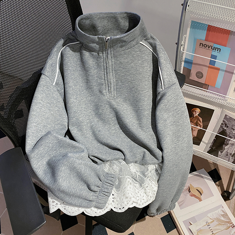 Lace thin hoodie spring and autumn Pseudo-two tops