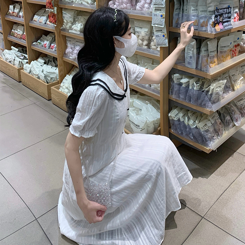 France style college style long dress white sweet dress