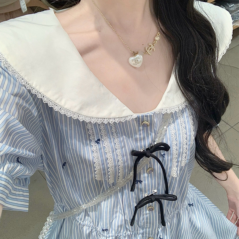 Jacquard vacation navy collar refreshing dress