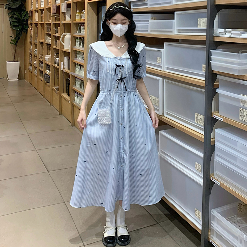 Jacquard vacation navy collar refreshing dress