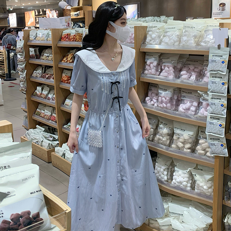 Jacquard vacation navy collar refreshing dress