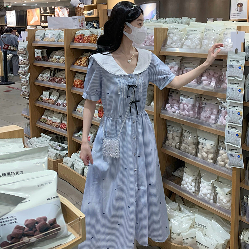 Jacquard vacation navy collar refreshing dress