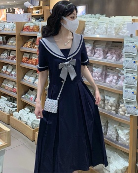 Loose A-line dress slim navy collar long dress