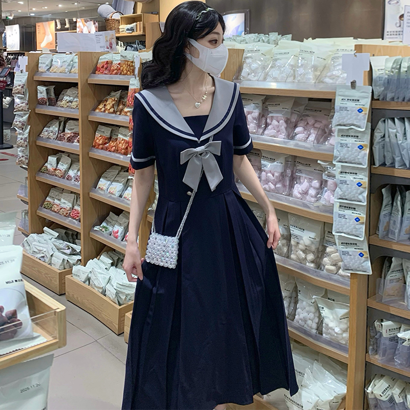 Loose A-line dress slim navy collar long dress