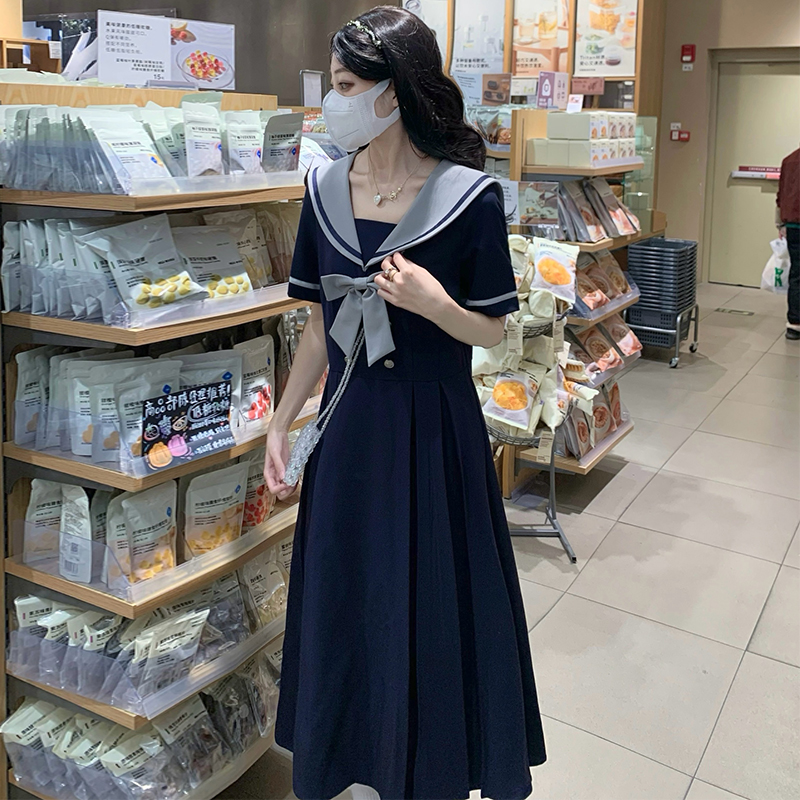 Loose A-line dress slim navy collar long dress