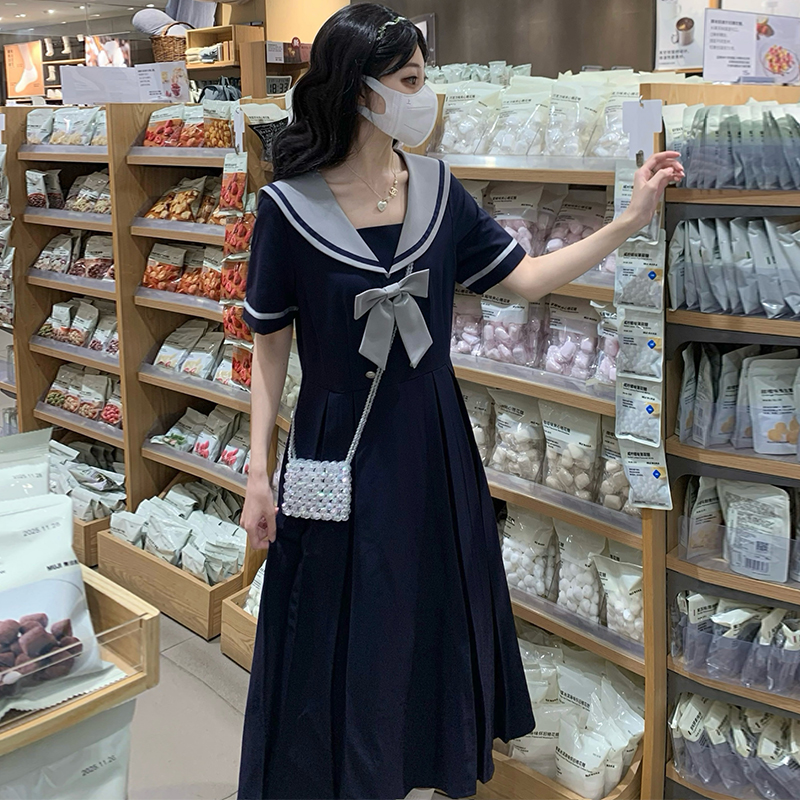 Loose A-line dress slim navy collar long dress