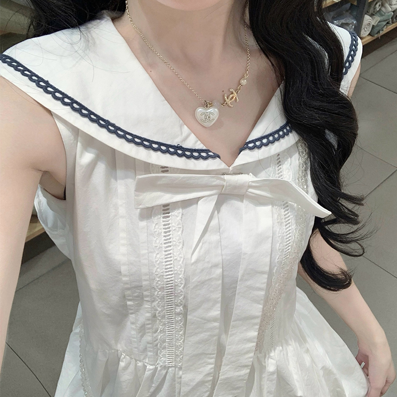 Navy collar mixed colors sleeveless dress long dress