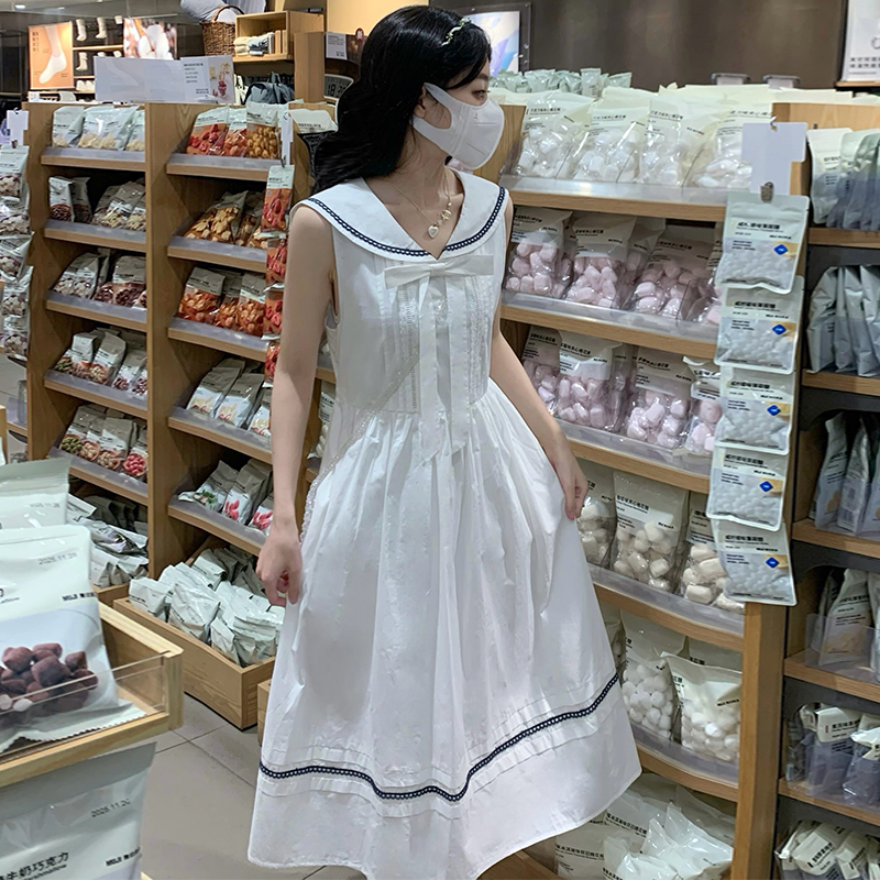 Navy collar mixed colors sleeveless dress long dress