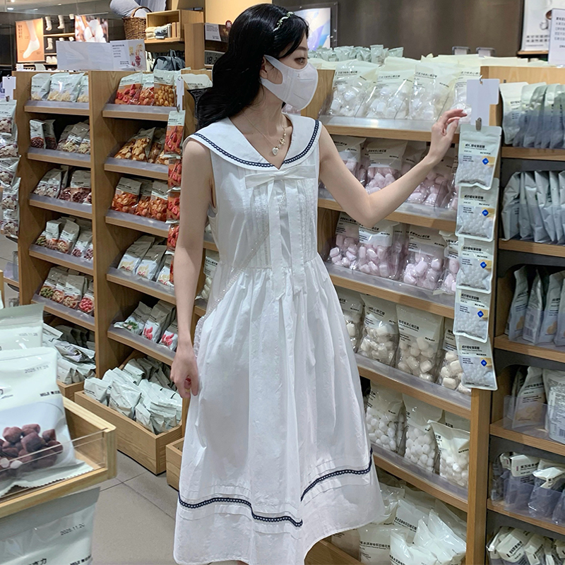 Navy collar mixed colors sleeveless dress long dress