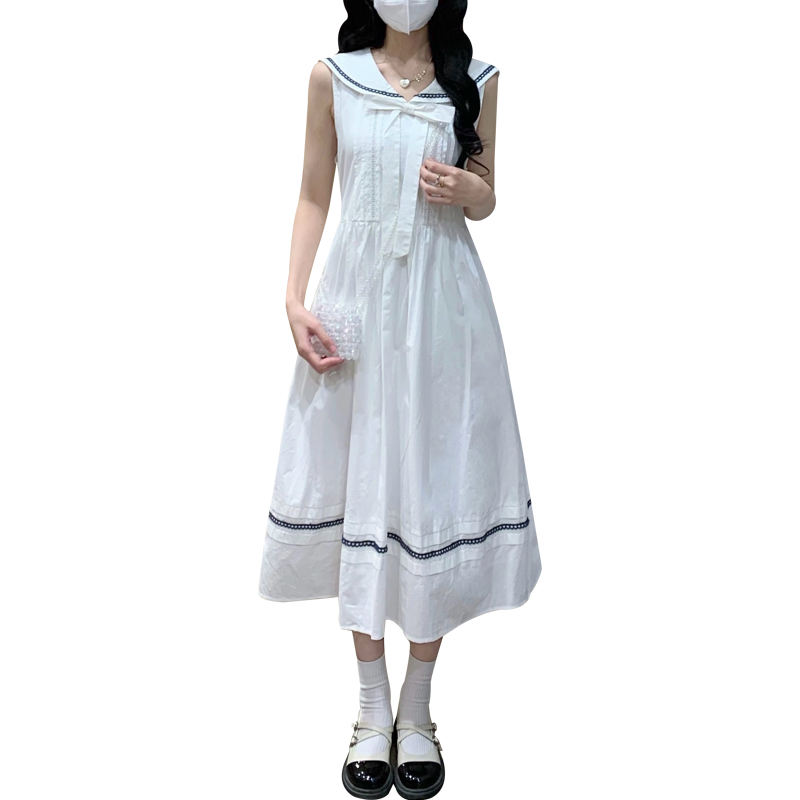 Navy collar mixed colors sleeveless dress long dress