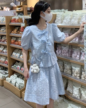 Sweet style blue-white shirt Casual France style skirt a set