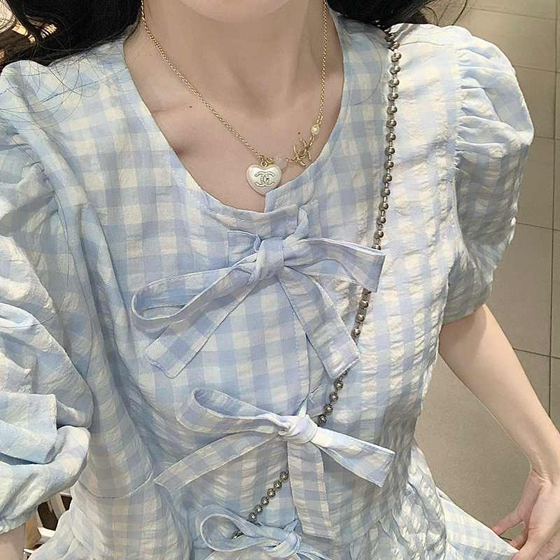 Sweet style blue-white shirt Casual France style skirt a set