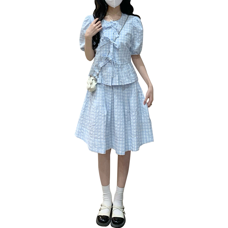 Sweet style blue-white shirt Casual France style skirt a set