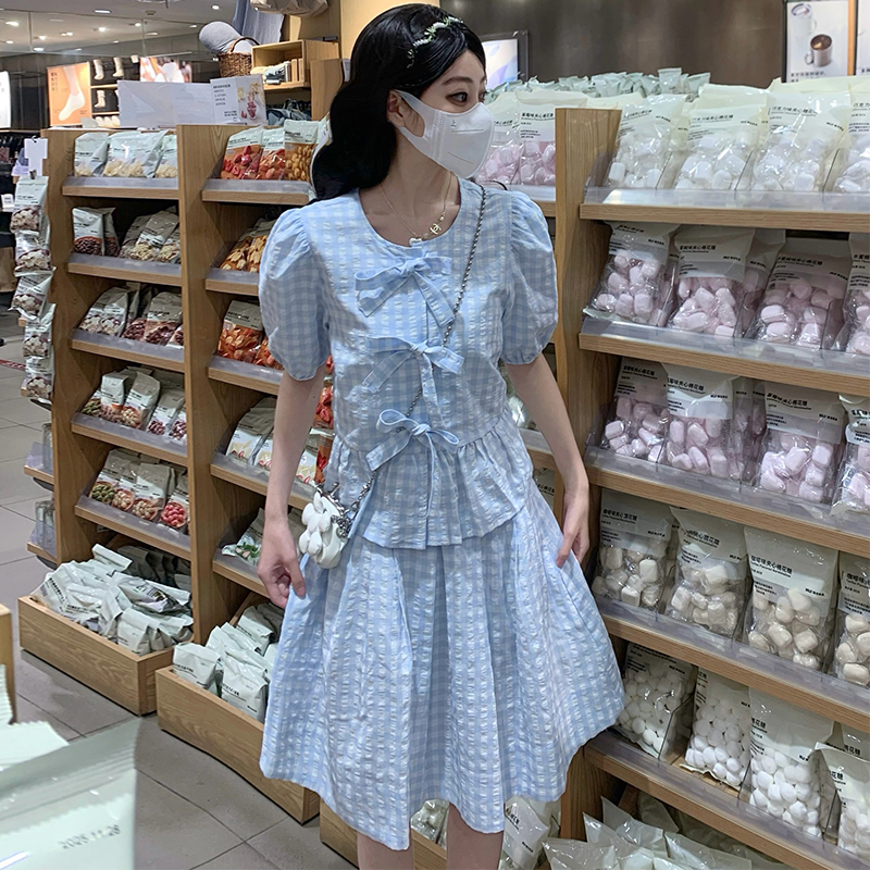 Sweet style blue-white shirt Casual France style skirt a set