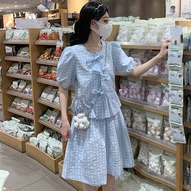 Sweet style blue-white shirt Casual France style skirt a set