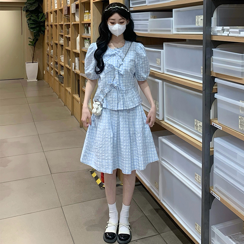 Sweet style blue-white shirt Casual France style skirt a set